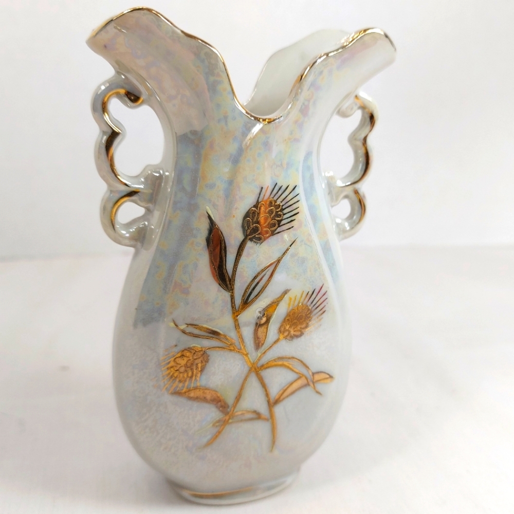 Betson Iridescent White Gold Small Porcelain Hand Painted Vintage Bud Vase